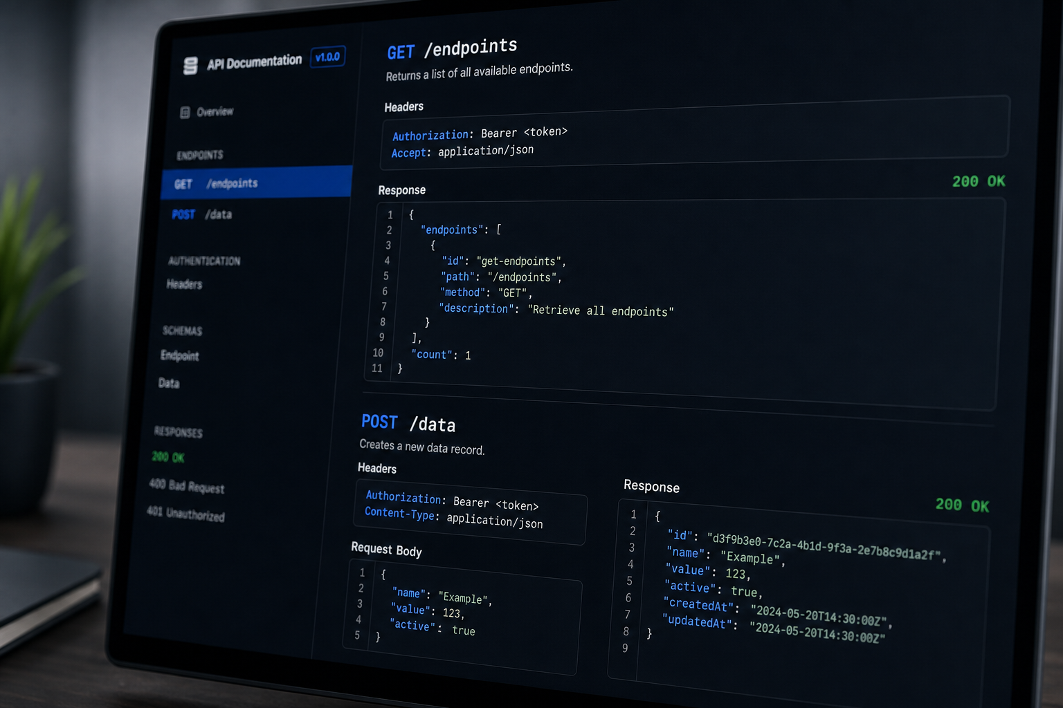 REST API training course — endpoint documentation and JSON responses